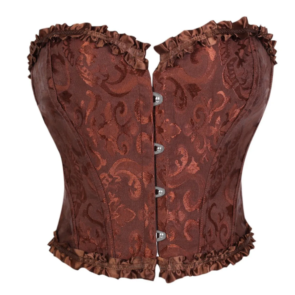 Vintage Hofstil Jacquard Korsett-Top Steampunk Taillentrainer mit Knochenverstärkung Viktorianisches Barock-Bustier mit Rüschenbesatz in Schokoladenbraun