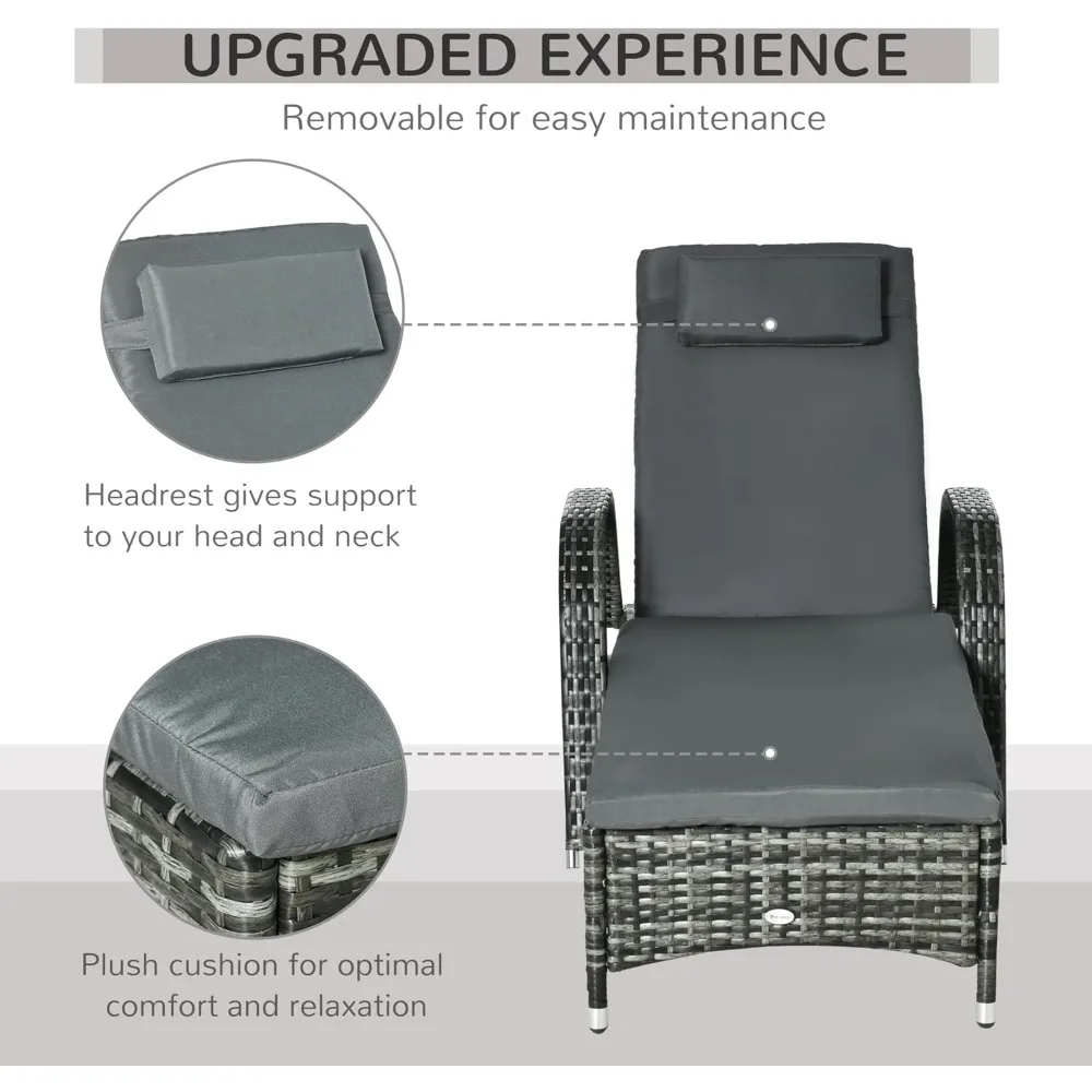 Conjunto de 2 espreguiçadeiras de vime para exterior, encosto ajustável de 5 níveis, espreguiçadeira de piscina de vime PE com rodas, almofada e encosto de cabeça,