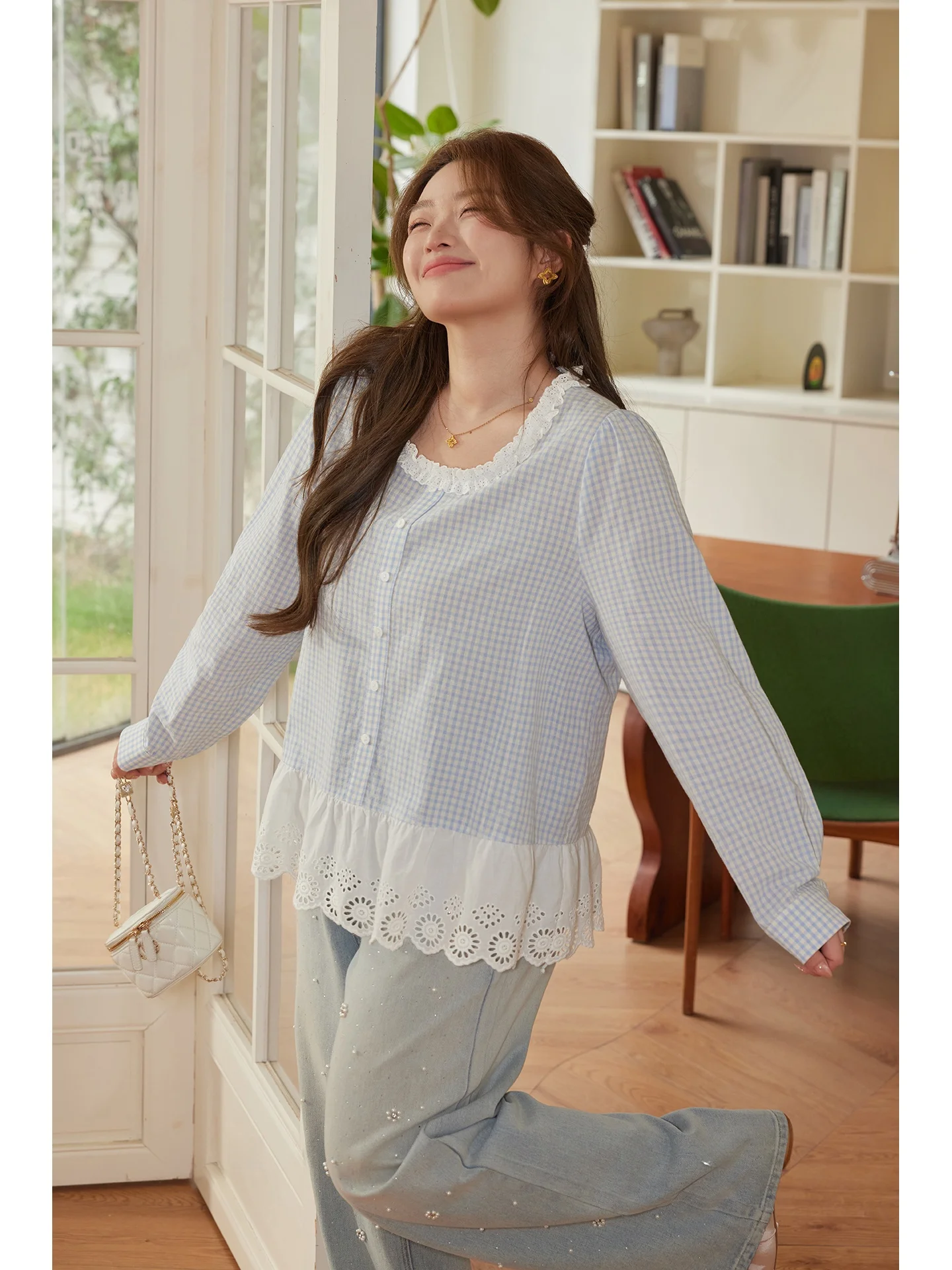 

Large Size Women's Plaid Cotton irt Lace Patchwork Spring New Sle Fre Air Glass Design round Ne Button up Casual irt