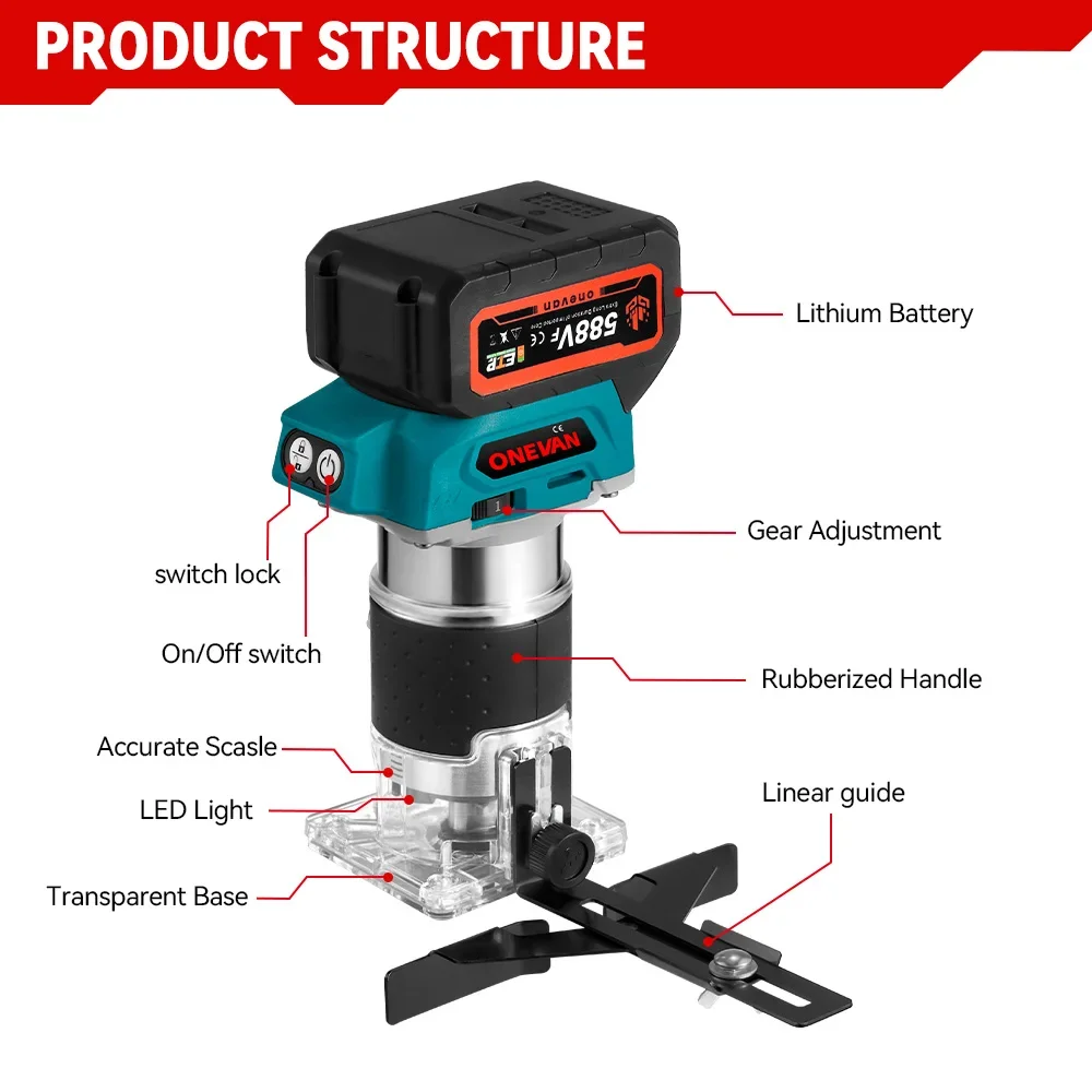 5 Speeds Brushless Electric Hand Trimmer 1600W Cordless Wood Router Woodworking Engraving Slotting for Makita 18V Battery