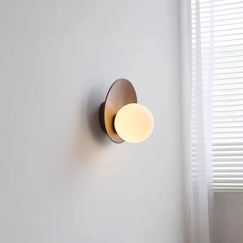 Walnut Wood Glass Sphere Arc Moon, Modern Simple Vintage, Wall Sconce Light for Living, Bedroom Bedside, Study, Hallway