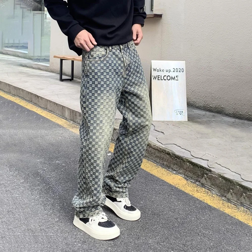 

Baggy Jeans Men's Jacquard Straight Jeans Vintage American Style High Street Hip Hop Fashion Casual 2025 Summer New Men Bottoms