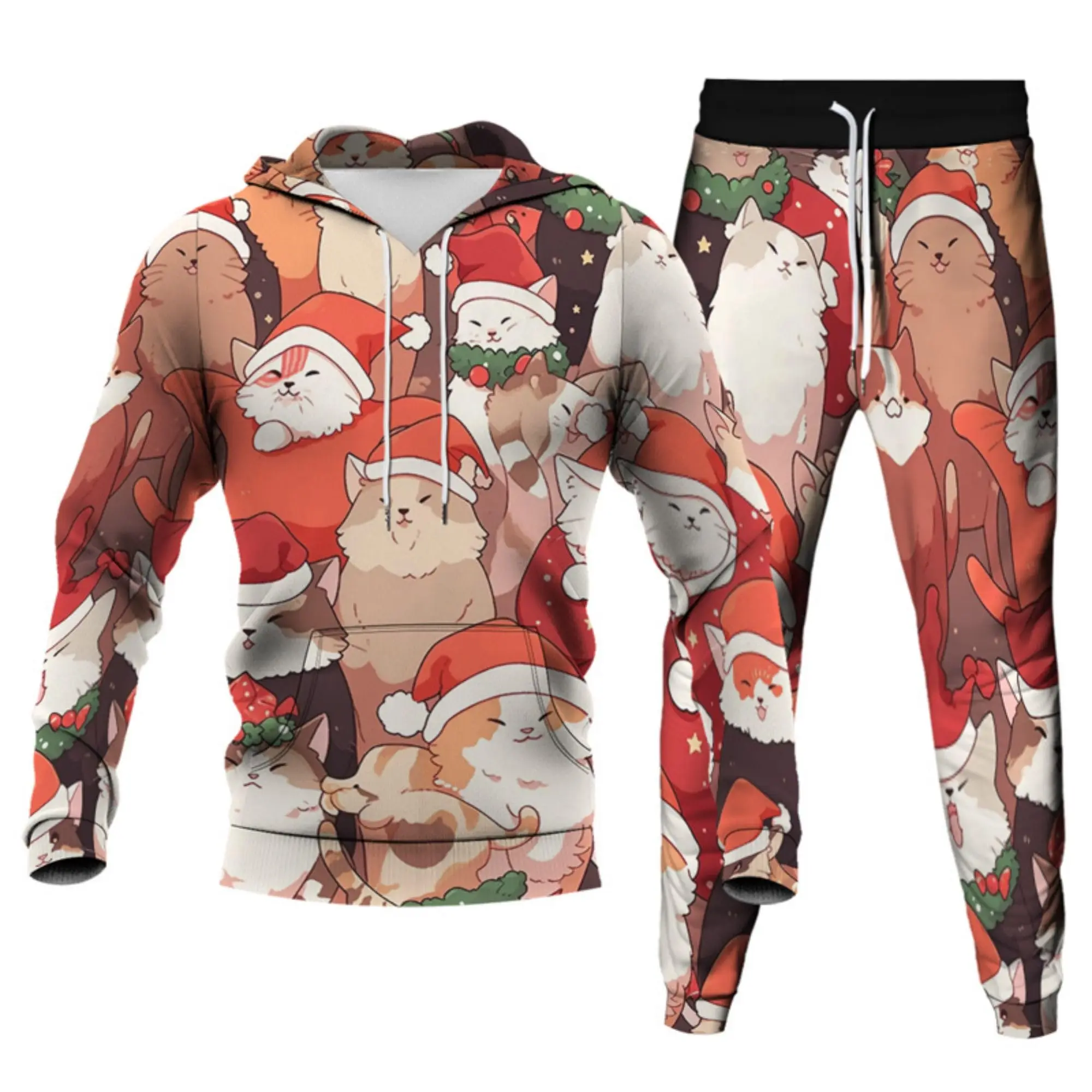 Adult 3D Christmas Pizza Cat Printed Hoodie Pants Two Pieces Tracksuit Men Women Novelty Xmas Sweatshirts Joggers Sweatpants Set