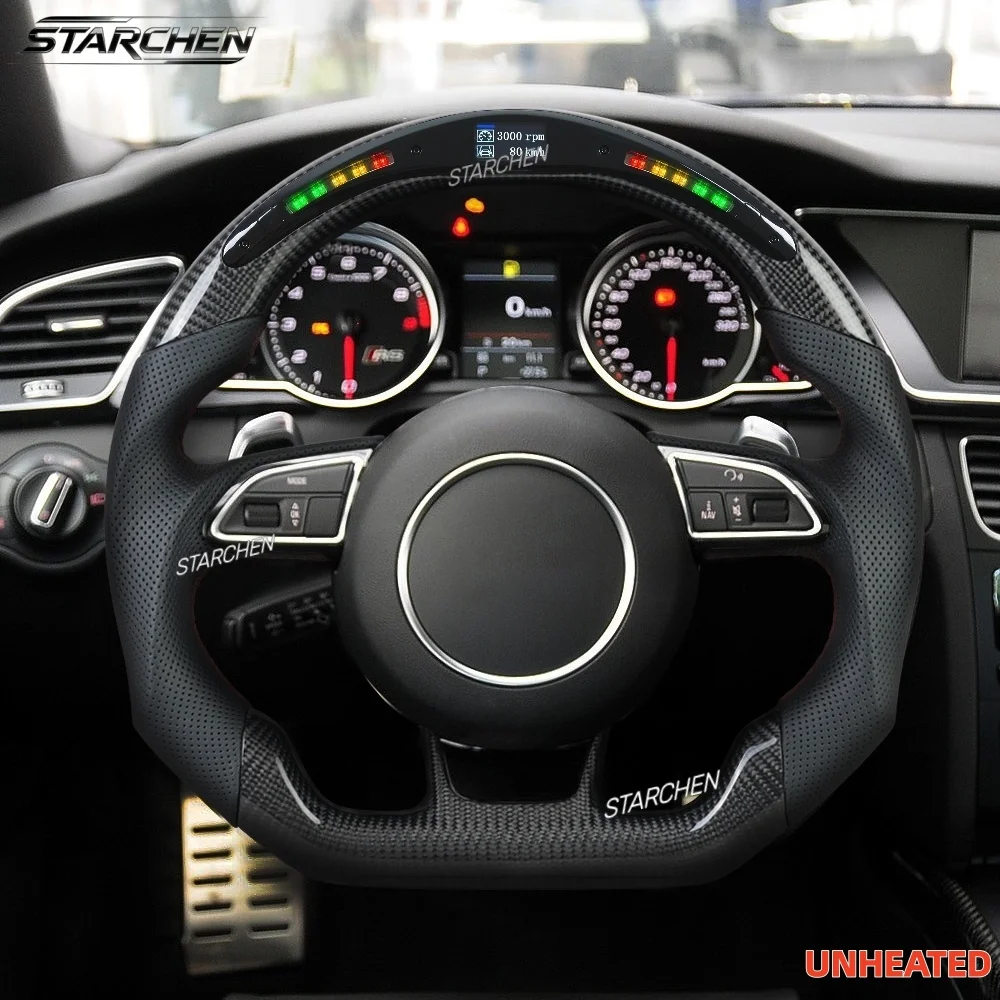 Flat-Bottom Real Carbon Fiber LED Steering Wheel for Audi Rs3 A5 Rs5 Rs7 Rsq3 S5 S4 2012-2016, For Rs4 Rs6 2013-2018 for S3 2016-2021 with Paddle Holes (Non-heated)