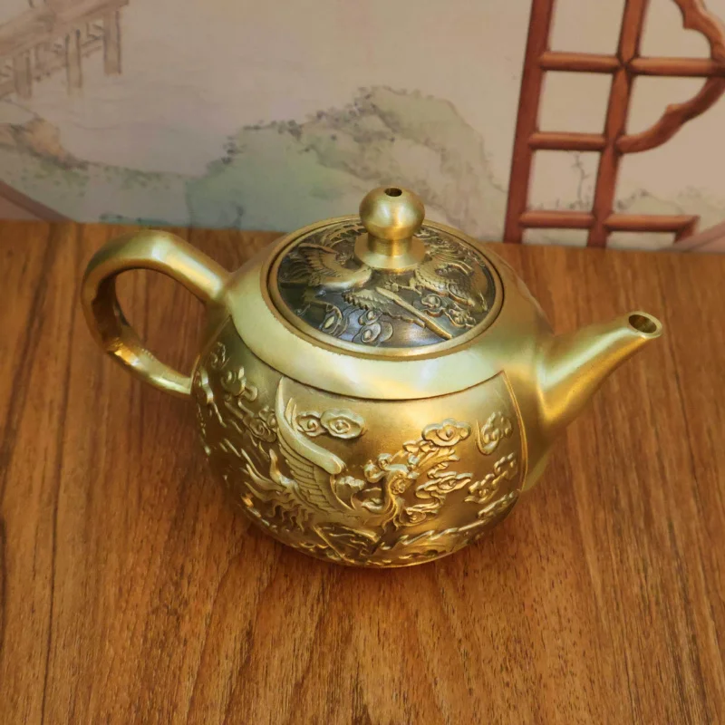 Brass Dragon and Phoenix Teapot Set Six-Piece Tea Set Copper Landscape Teapot Ornament Full Set High-End Office Decorative Ornam