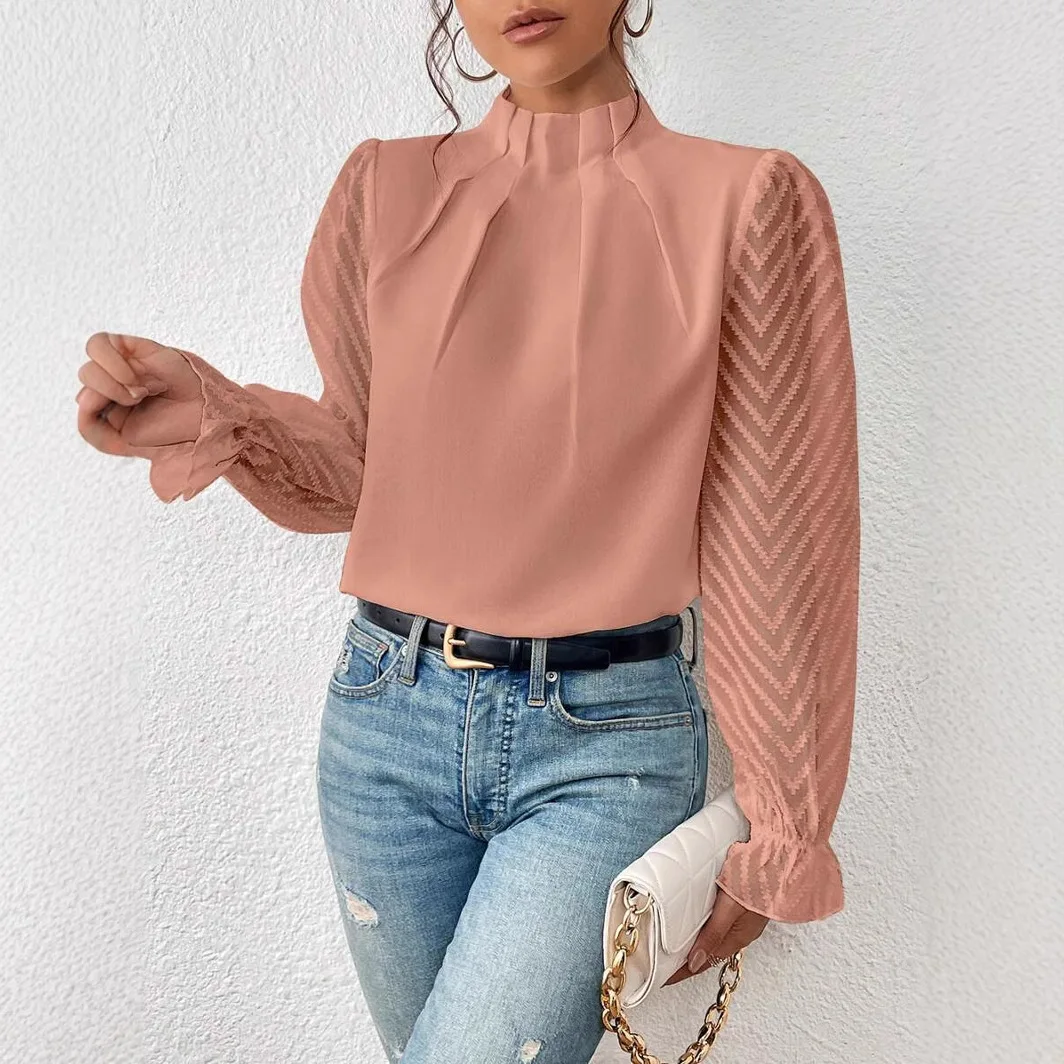 2025 Camicia elegante a maniche lunghe da donna Camicetta da ufficio da donna Top Primavera Autunno Camicia da donna in chiffon con colletto semi-alto e pannello ondulato
