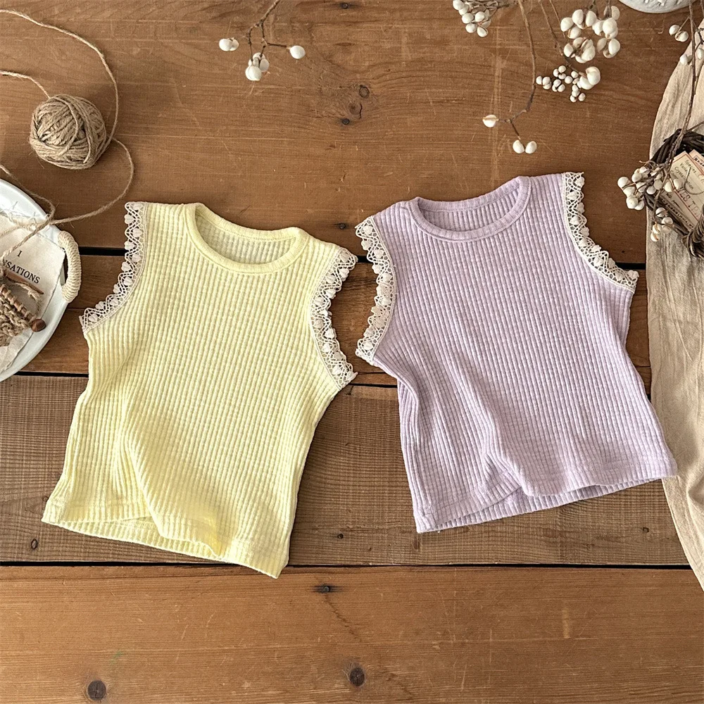 

2026 Summer Casual Baby Tee 6M-2Y Girls Lace Solid Color Sleeveless Top O-Neck Soft Thin Infant Clothes