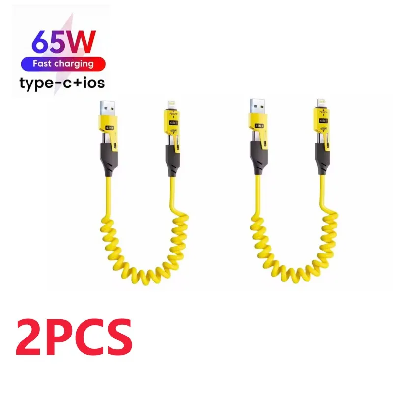 2 Stück 4-in-1 65W Kurzes Spiralkabel 6A USB Typ-C Teleskop-Schnellladekabel Spiralförmiges USB-Kabel für iPhone 15 14 13 12