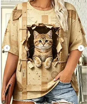Women Crew Neck Short Sleeve T‑shirt 3D Cat In Vintage Paper Box Retro Postmark Print Casual Summer Tops