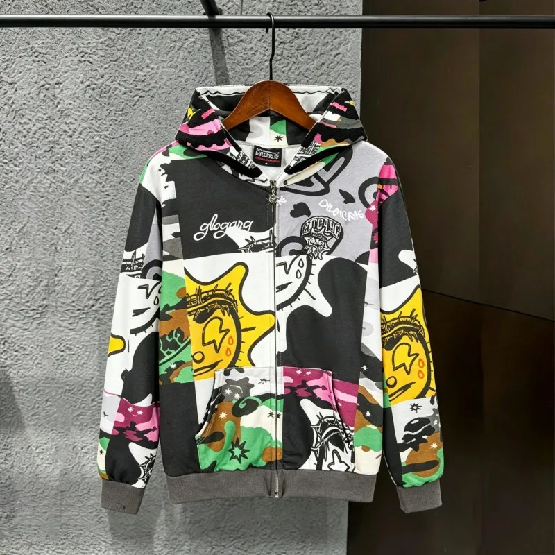 Winter 2XL Men Women Streetwear Glo Gang Jackets Towel Embroidered Hooded Mask Colorful Patchwork Graffiti Sun Zippered Hoodie