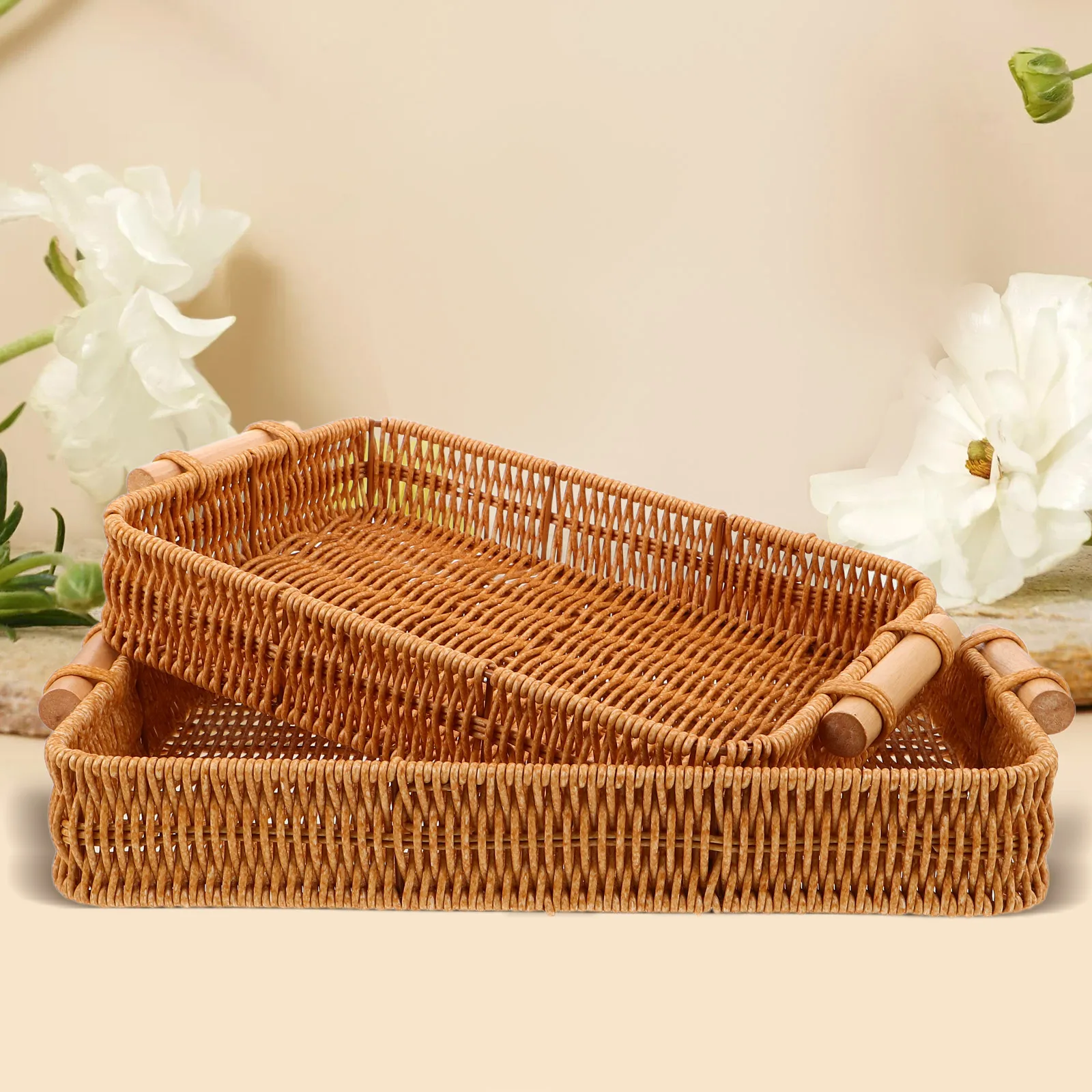 2 Pcs Storage Basket Hand-woven Wicker Baskets Handmade Bamboo Tray Japanese-style Bread Handwoven for Rattan Pp