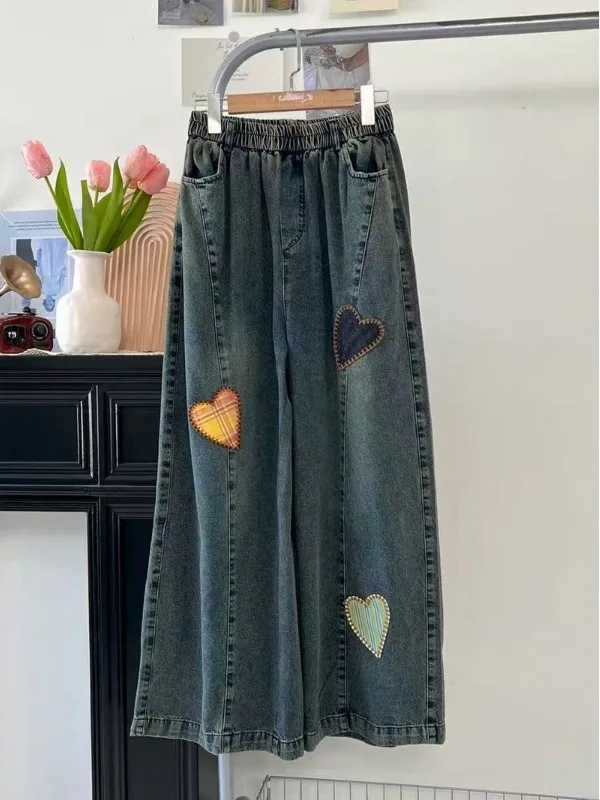 

Casual Loose Wide Leg Jeans Patchwork Heart Pattern Women's plus Size Jeans Cotton Polyester Blend Summer Autumn Faion