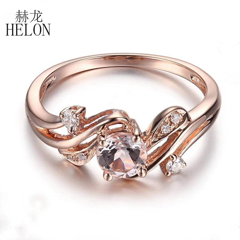 HELON Round 5.5mm Genuine Morganite Ring Solid 14K 10k Rose Gold Natural Diamonds Engagement Ring Women Trendy Jewelry Best Gift