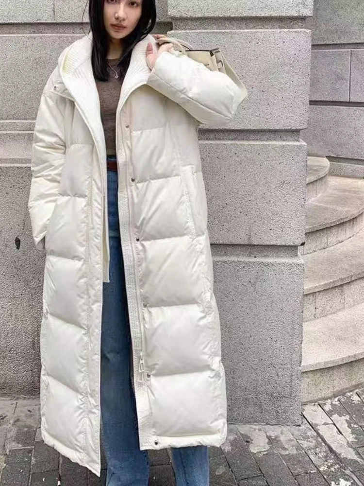 Winter Witte Eend Puffer Jas 2023 Nieuwe Gebreide Sjaal Lange Parka Vrouwen Koreaanse Verdikte Losse Warme Sneeuw Donsjack uitloper