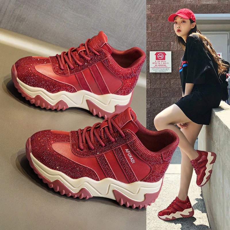 

Womens Burgundy Red Rhinestone Platform Chunky Sneakers Hidden Heel Lift High Top Casual Dad Shoes Daily Street Style Fashion