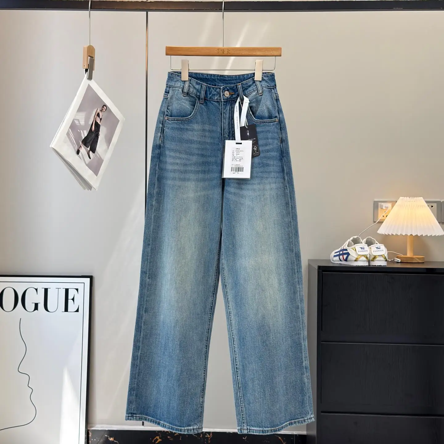 

Retro Washed Loose Straight Leg Jeans Women's Spring Fashion Long Leg Effect Wide Leg Pants High Waist Cotton Stretch Zipper