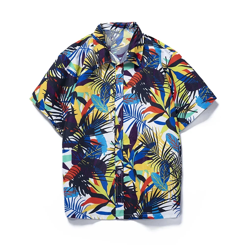 Summer Breathable Hawaiian Shirts Men Coconut Tree Printed Short Sleeve Button Down Vacation  Plus Size