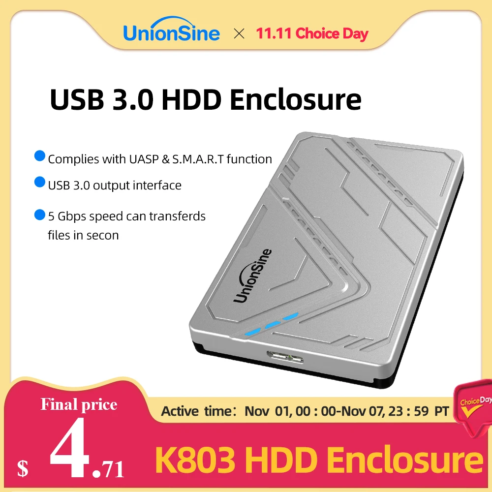 

UnionSine MicroB USB3.0 2.5inch External Storage HDD Case SATA 5Gbps HDD SSD Hard Drive Enclosure Support UASP for PC Laptop