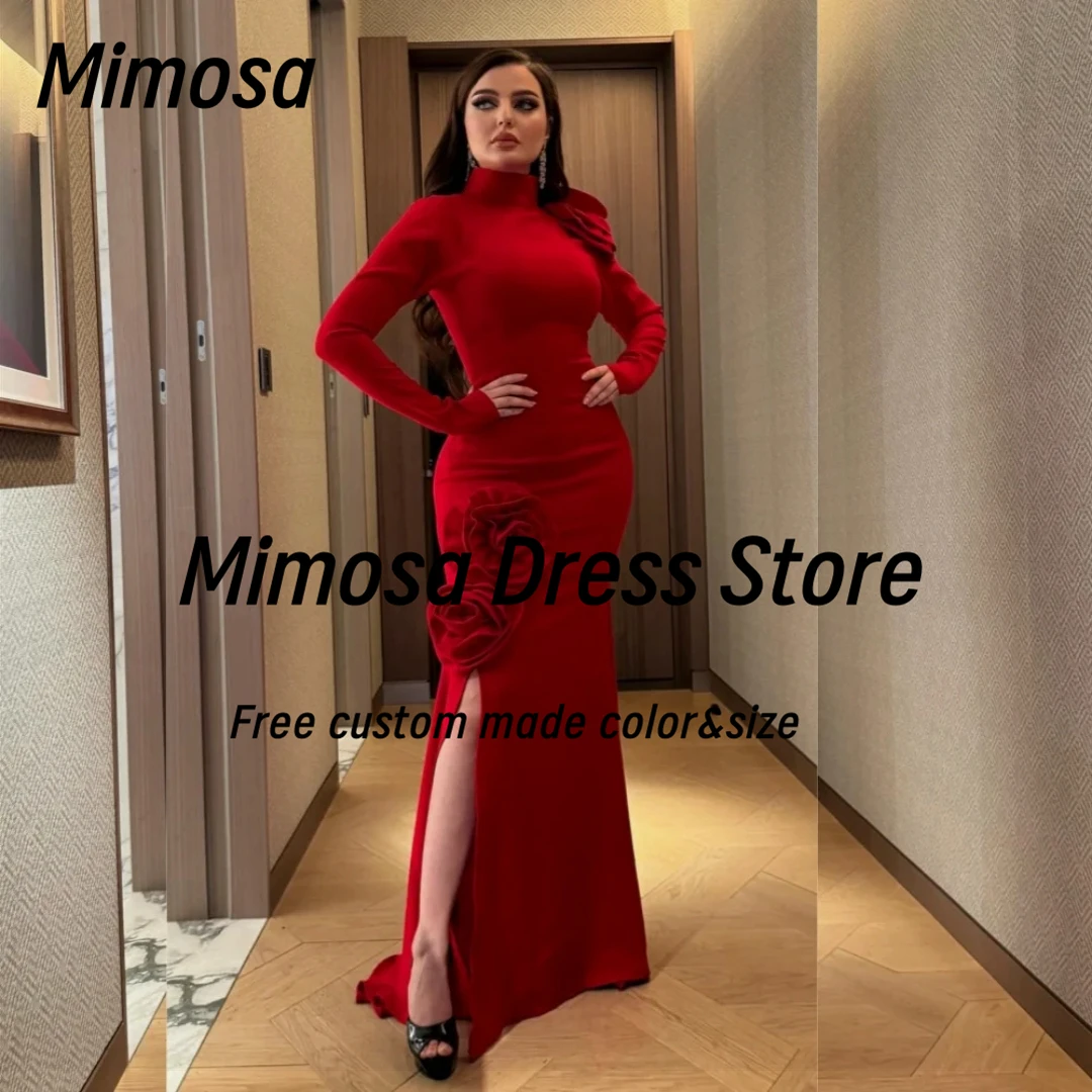 

Mimosa فساتين سهرة High Collar Evening Dresses Long Sleeves Flowers Side Slit Vestidos Des Prom Party Gowns Customized