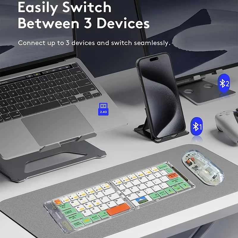Portable Bluetooth5.1 Dual Modes Wireless Transparent Keyboard Mouse Combo Folding Keyboard with 2400DPI Silent Mouse for Laptop