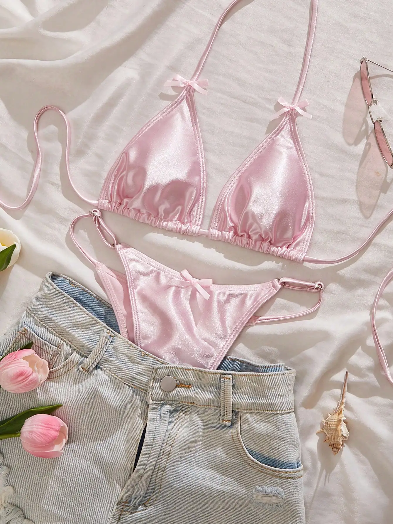 

Sexy Satin Shiny Pink Bikini Set Triangle Neck Bow Detail Low Waist