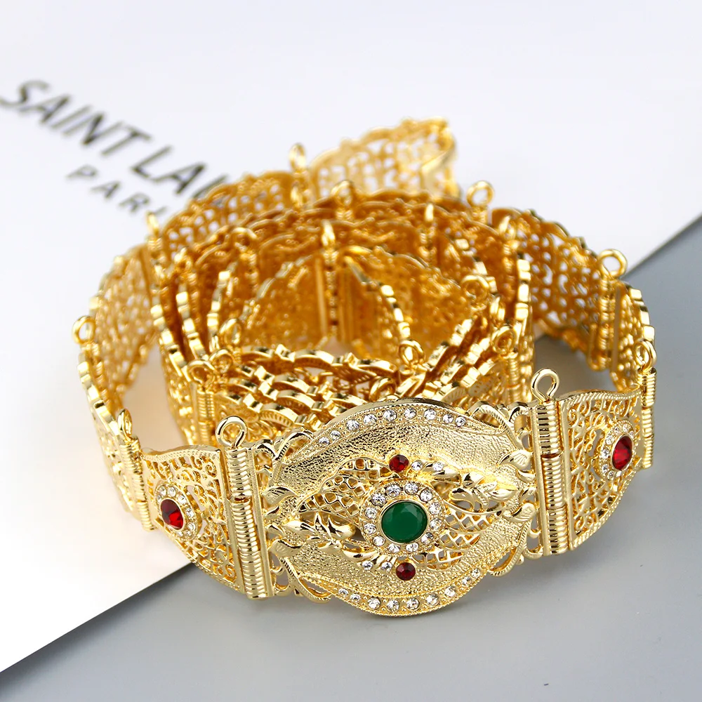 Chic Gold Farbe Marokko Kaftan Gürtel Für Frauen Metall Hochzeit Taille Gürtel Grün Kristall Einstellbare Länge Arabisch Braut Schmuck