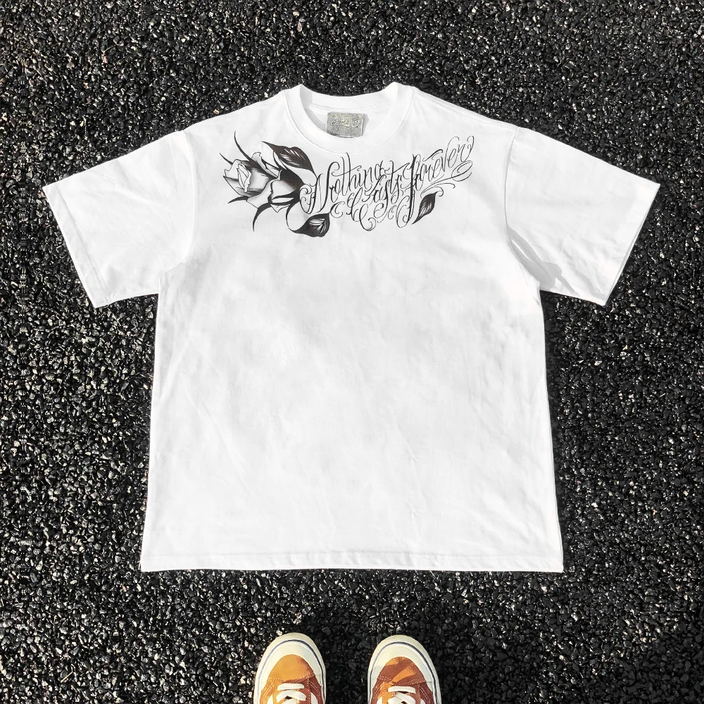 Heavily Weighted 260G Handpainted Tattoos Artistic Half Sleeve T-Shirt Loose Fit Short Sleeve round Neck Youth Fashion Summer