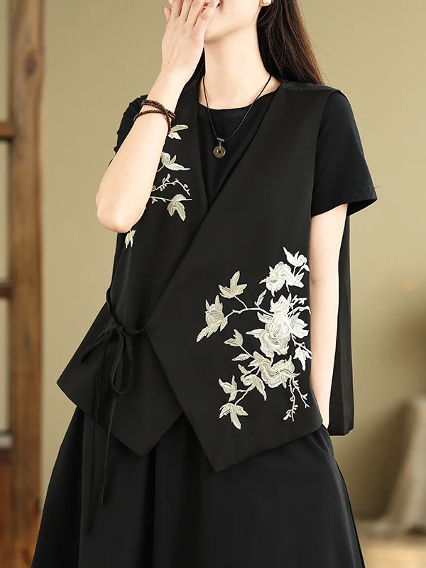 New Chinese Sle Embroidered Suit Vest Women's Summer Versatile Layering V-Ne Svel oulder Pad Belted Top