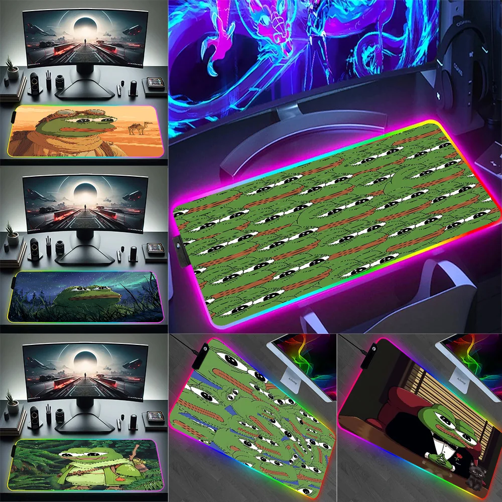 

Fun Sad P-Pepe frog RGB Pc Gamer Keyboard Mouse Pad Mousepad LED Glowing Mouse Mats Rubber Gaming Computer Mausepad