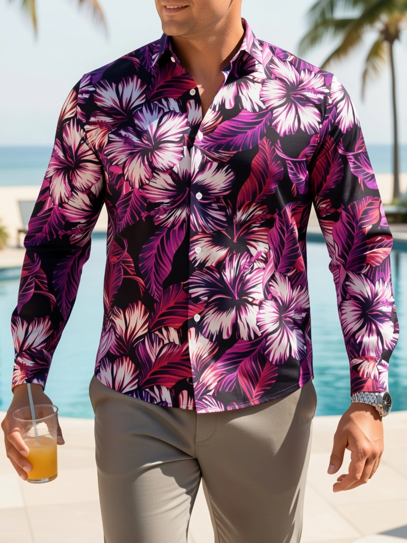 Men Long Sleeve Button Down Shirt Black Purple Hibiscus Tropical Leaf Print Polyester Lapel Collar Vacation