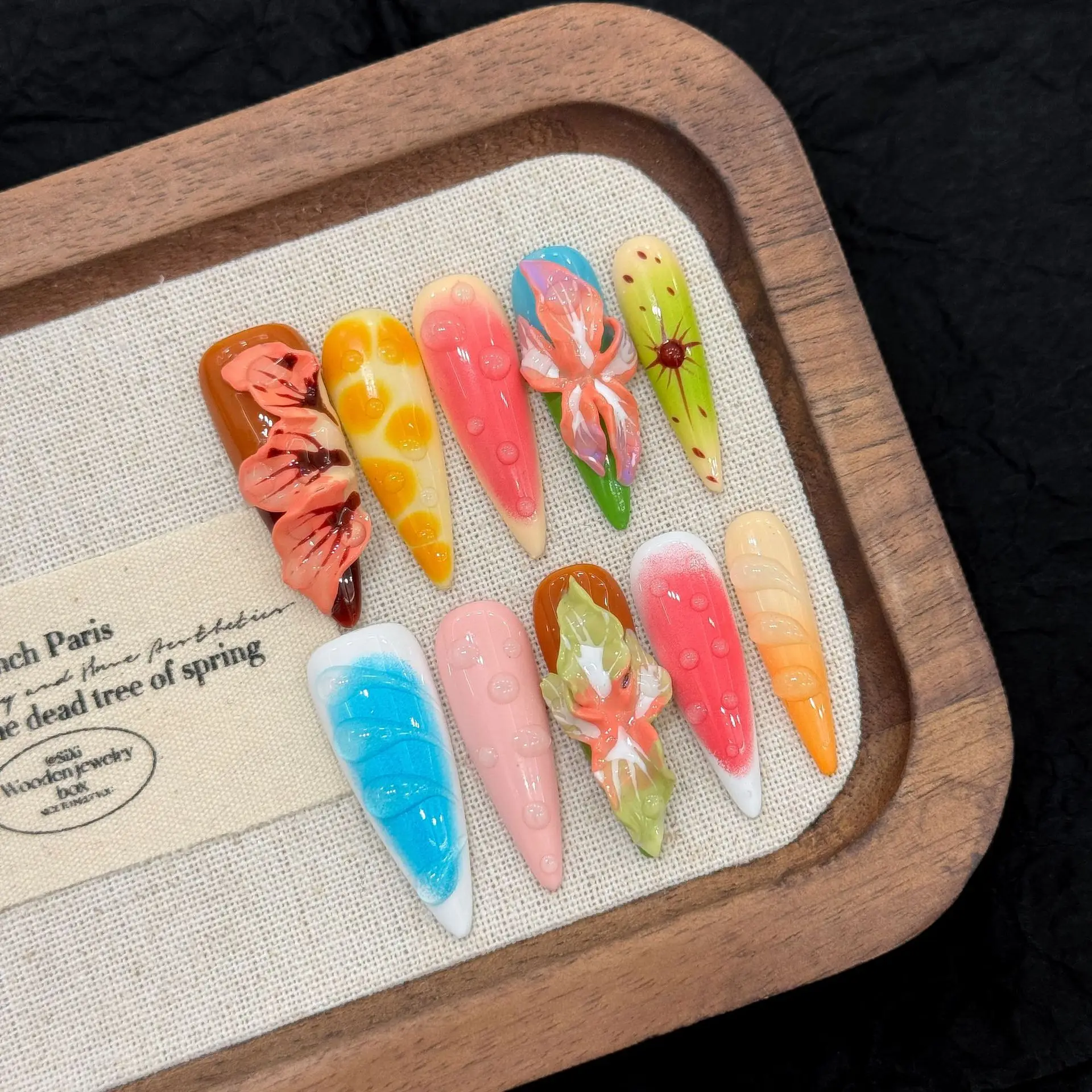 

10pcs Summer Dopamine Handmade Press On Nails Stereo Tropical Flower False Nails Colorful Long Stiletto Fake Nail For Spicy Girl
