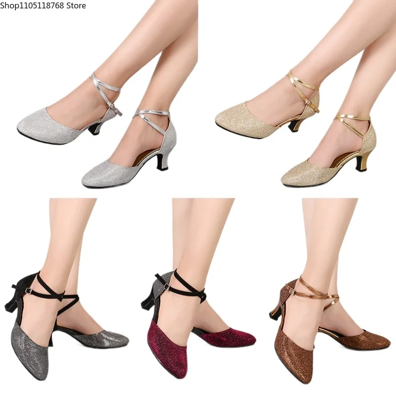 

Стандартная обувь для бальных танцев для женщин, блестящая обувь с закрытым носком, современная танцевальная обувь для сальсы, бальных танцев, танго, латинская обувь