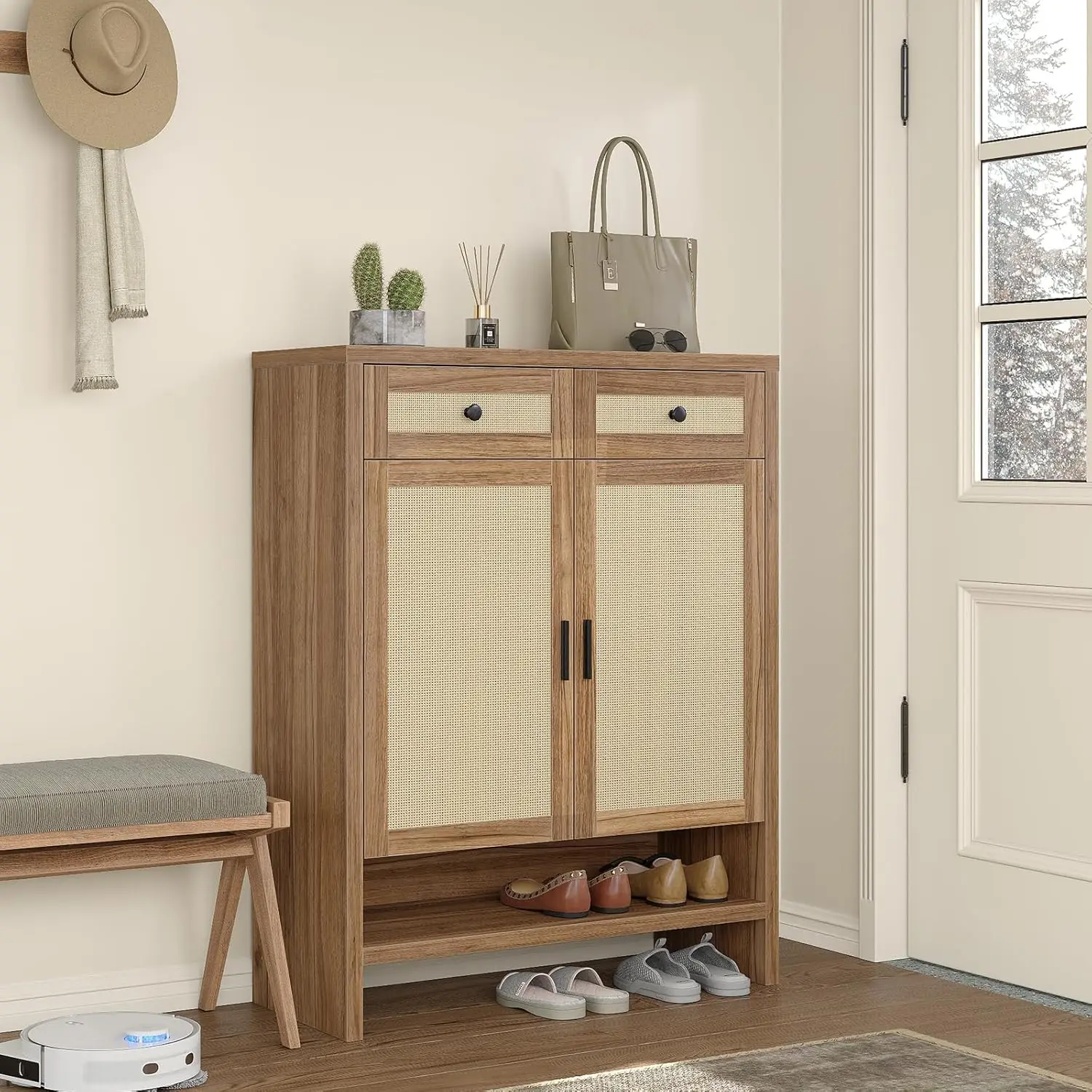 

Тумба для обуви из ротанга 46 дюймов с 4 регулируемыми полками и 2 выдвижными ящиками для хранения, современный органайзер для обуви в стиле бохо с большой столешницей