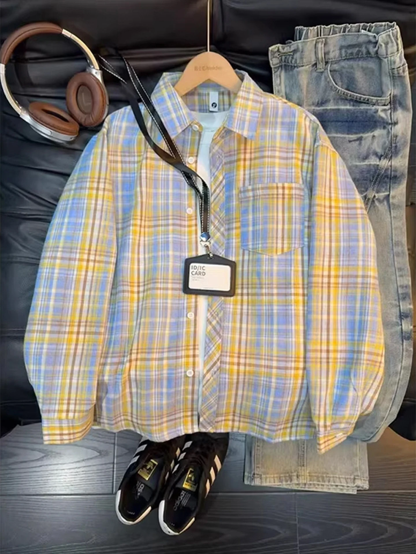 

Yellow Plaid Long Sve Men's irt American Retro Sle Spring Faion Sun Protection Outerwear CleanFit Polycotton ex