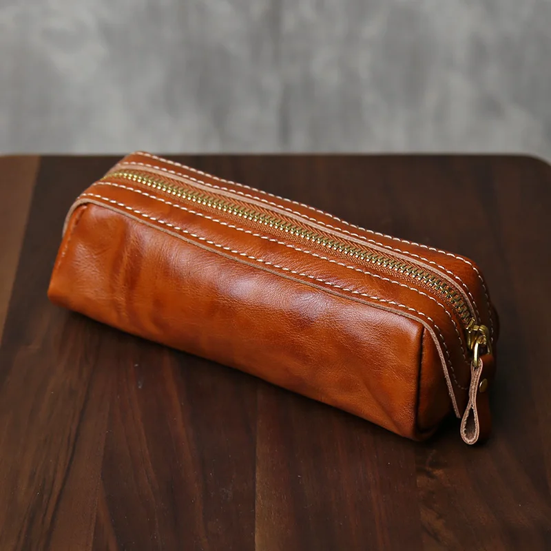 

Верхний слой ручной работы из воловьей кожи, сумка для хранения на молнии, чехол для очков из натуральной кожи, большая емкость, мужской и женский кошелек ручной работы