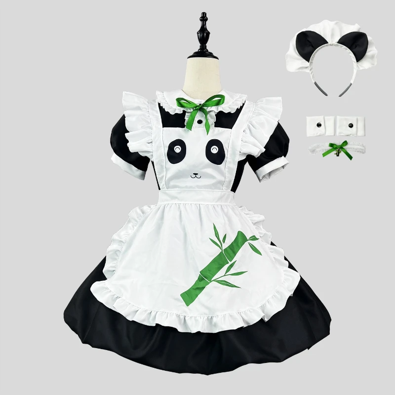 Panda Maid Lolita Dress Set, Short Puff Sleeve Black White Outfit with Bamboo Print Apron, Panda Ear Headband for Cosplay Party