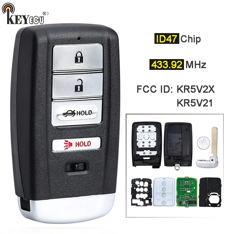 

KEYECU 433.92MHz ID47 Chip FCC ID: KR5V2X / KR5V21 A2C10950600 Smart Remote Key Fob for Acura TLX ILX 2018 2019 2020 2021 2022