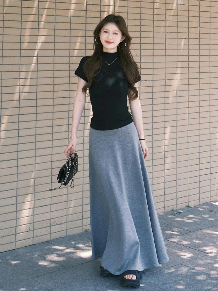 Été 2026 coréen Sle femmes Bla ort Sve t-shirt et jupe taille haute deux pièces ensemble doux Sle a-ligne Dr