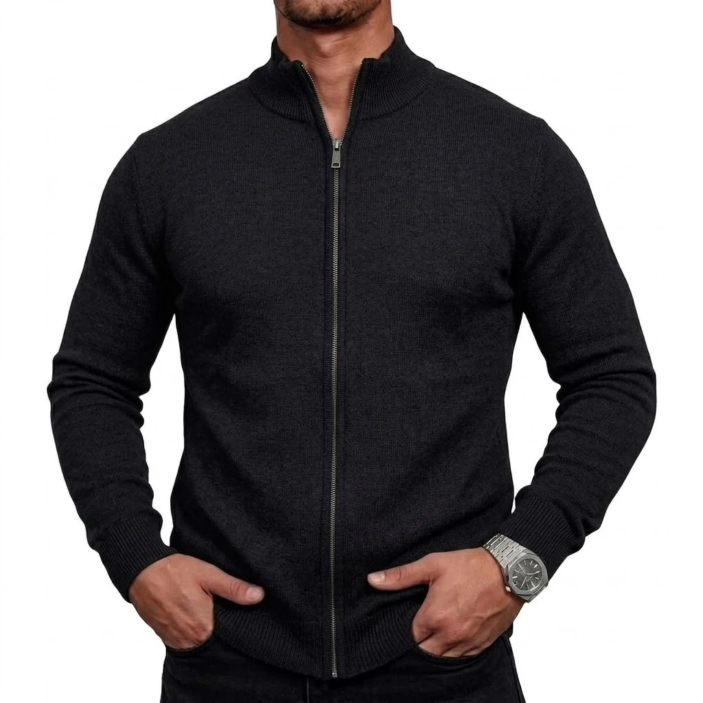Herren-Strickjacke mit hohem Kragen und Reißverschluss, langärmelig, lässige Strickjacke, Mantel, Thermo-Strickware, Winter-Oberbekleidung mit Stehkragen – Detail 9