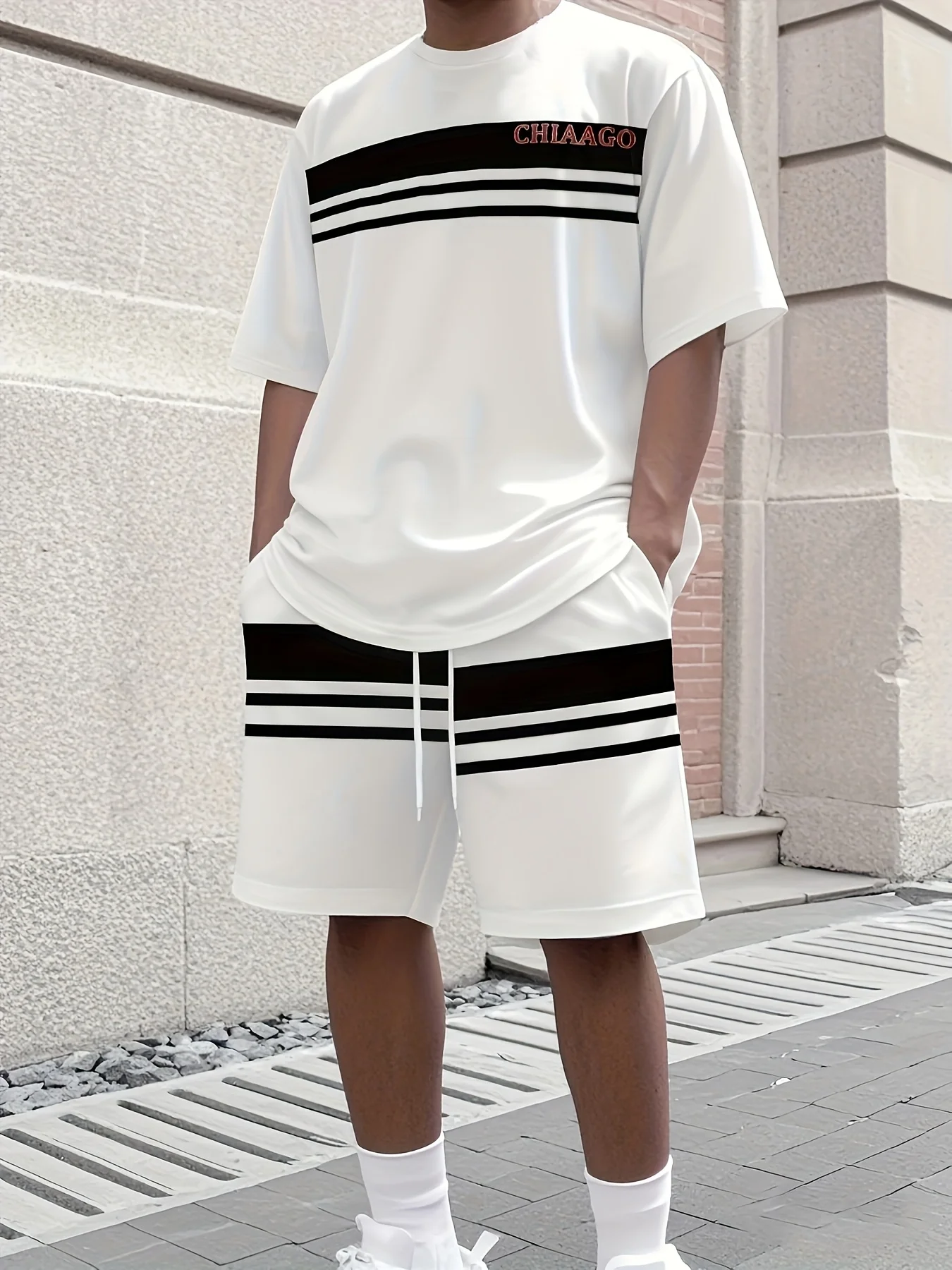 

2026 Summer New Men's Short-Sleeved Set with 3D Simple Stripes Print Casual and Fashionable Street Style Comfortable and Soft