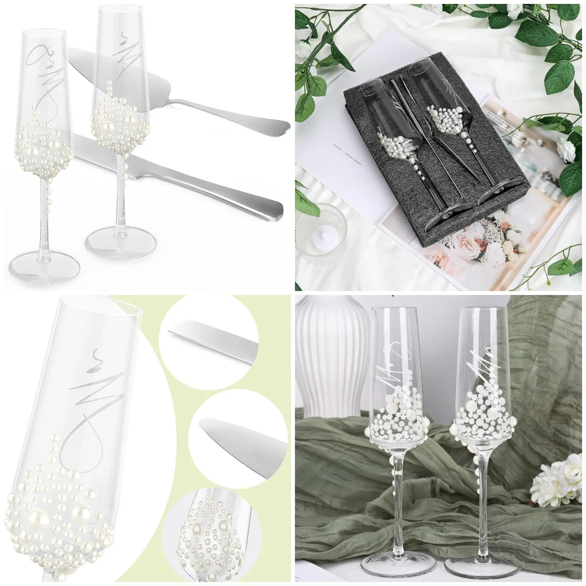 

Набор флейт для шампанского и ножей для торта «Мистер и миссис», очки для свадебных тостов, украшенные жемчугом — подарки для жениха на годовщину свадьбы