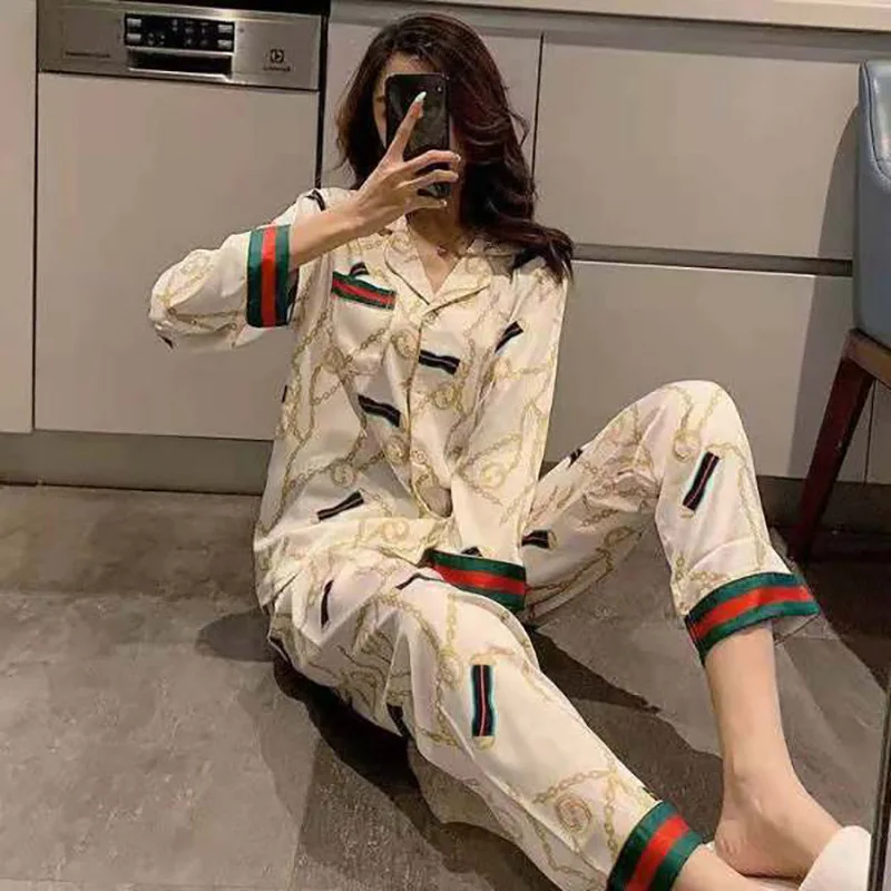 2024 Autumn New Ice Silk Women Pajama Lapel Button Cardigan Outfits for Women 2 Piece Set Fashion Printing Set Clothes for Women