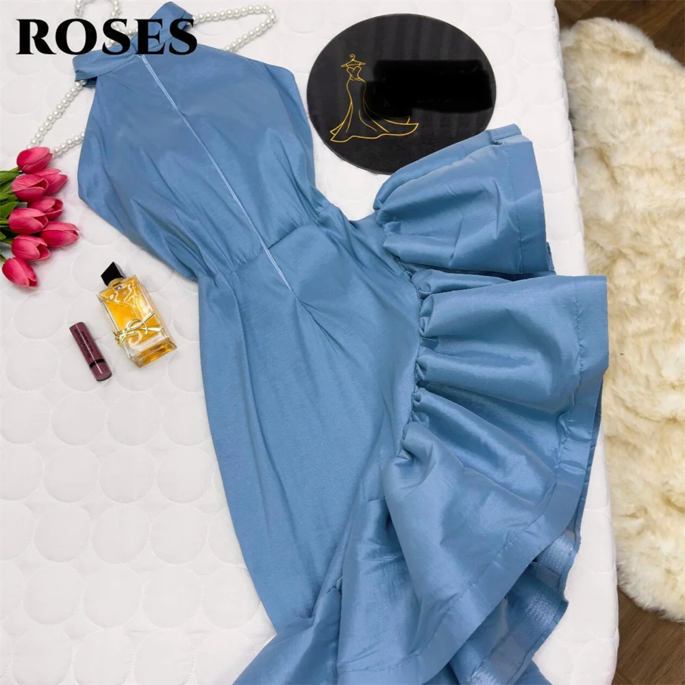ROSES – robe de bal bleue sans manches, en Satin, col licou, robe de Gala avec volants asymétriques, robe de soirée arabe saoudienne, personnalisée