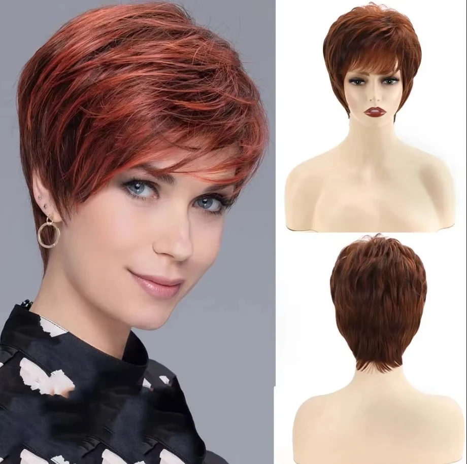 Synthetic Short Curly Reddish Brown Wig For Woman Daily Wear Cosplay Party Fluffy Wig