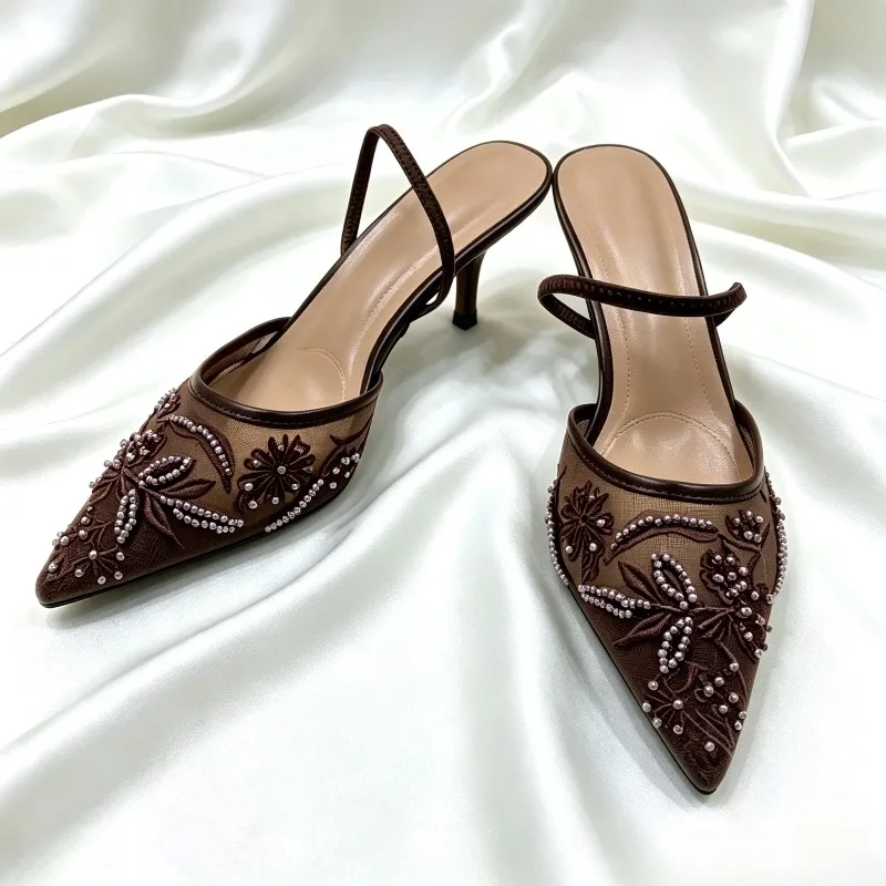 Brown String Bead Mesh Embroider Slingback High Heels Women Sexy Pointed Toe Heeled Sandals Summer Elegant Luxury Designer Shoes