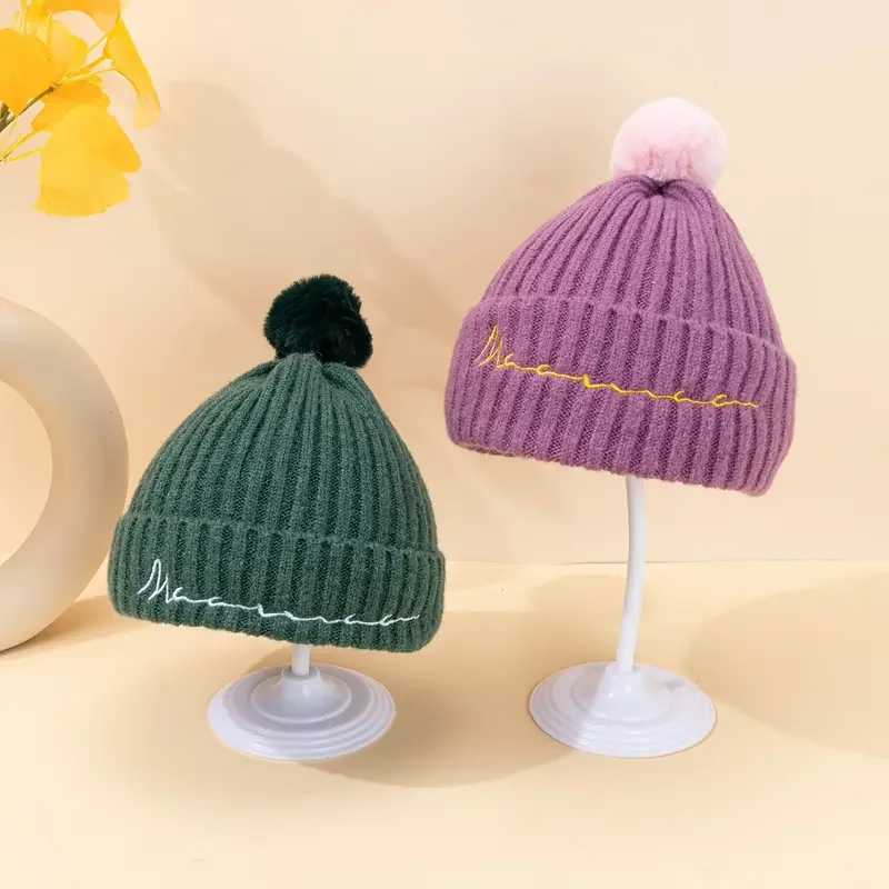 Girls Casual Knitted Letter Embroidered Hat With Plush Ball, Thermal Windproof Hat For Winter