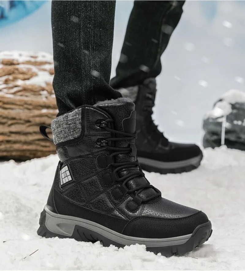 

New Warm Plush Men's Snow Boots Lace Up High Top Men's Boots Waterproof Winter Ankle Boots Outdoor Anti-Slip Men Hiking Boots