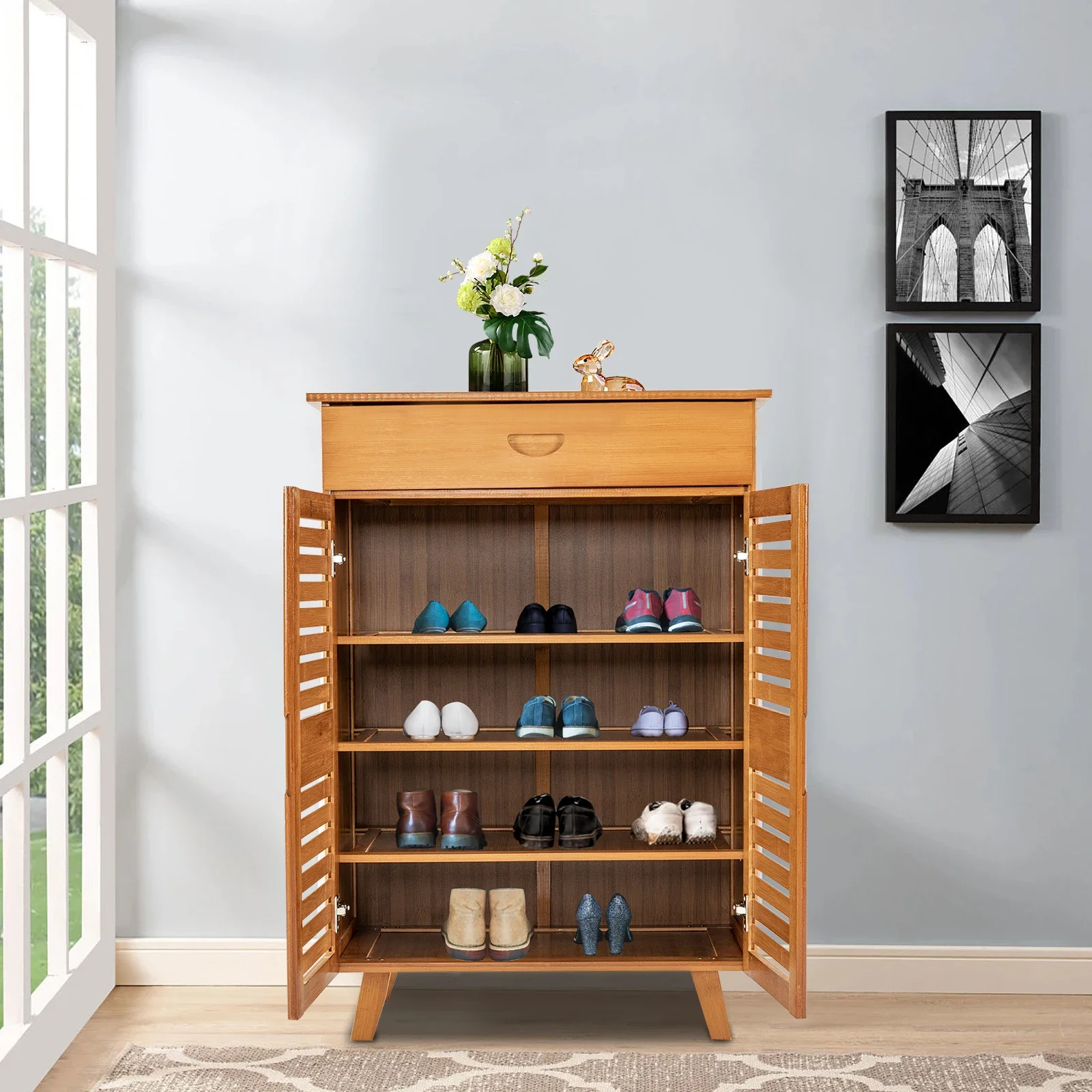 Retro 5 Tier Shoe Rack Classic Passageway Storage Cabinet with Drawer for Home Living Room Bedroom Chic Shore Hanger Tools