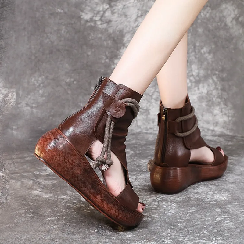 2024 New Hollow Women\'s Boot Wedges Roman Shoes Fish Mouth Sandals Retro Cool Boots PU Leather High Top Women Sandals on Offer