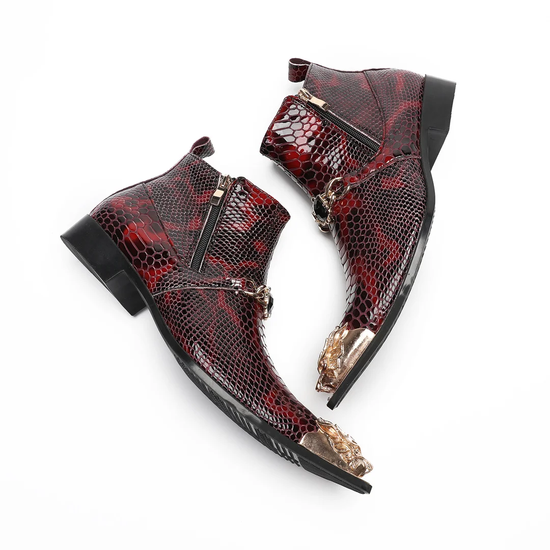 fashion metal pointed toe real leather ankle boots for men zipper motorcycle short boots male club party dress shoes plus size - view 4